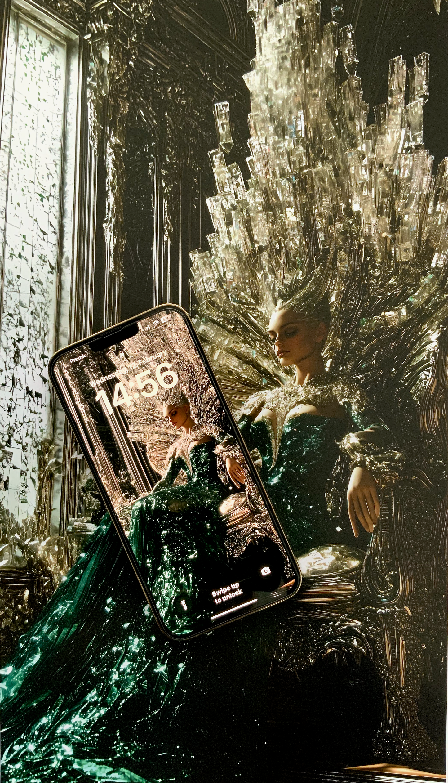 Queen of Everything – 4K AI Art wallpaper displayed on a smartphone, placed over a high-quality print of the artwork. A luxurious emerald queen with a crystal throne, available as a digital wallpaper and a physical print. Devices shown for display purposes only.