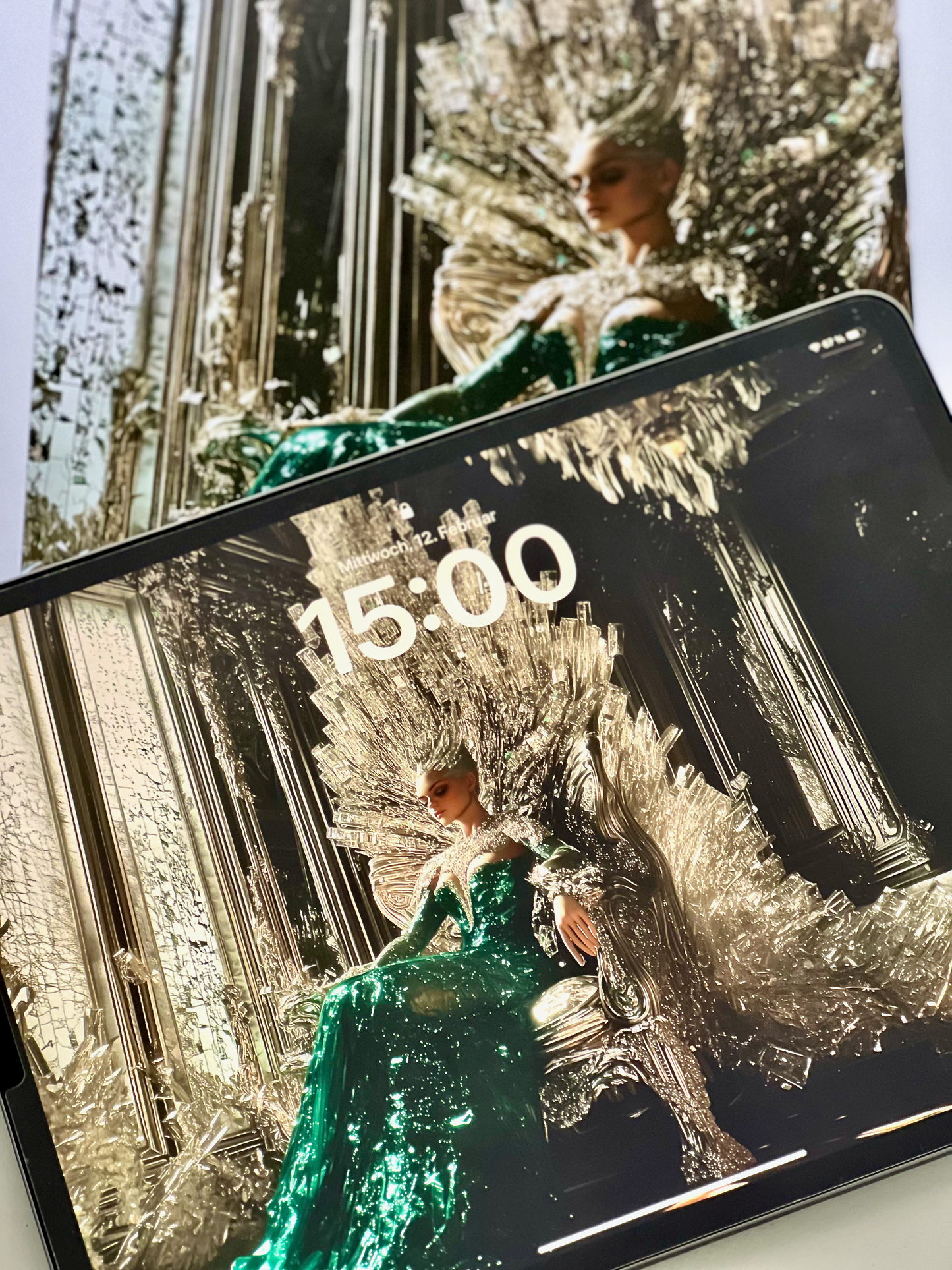 Queen of Everything – Ultra 4K widescreen AI artwork featuring an emerald queen seated on a radiant crystal throne. A luxury high-resolution wallpaper for tablet and desktop, capturing opulence and unbroken power.