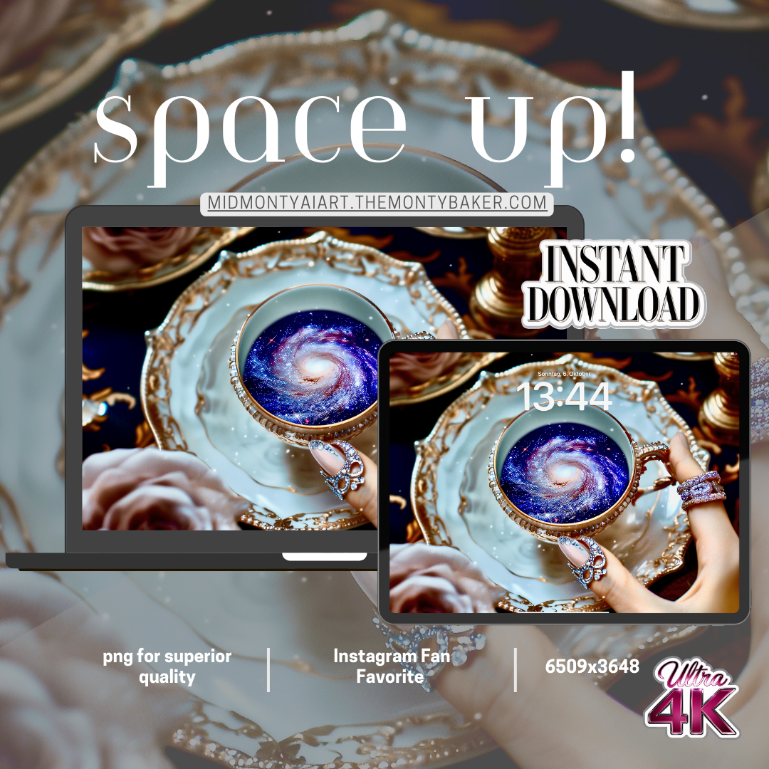 Luxurious AI-generated rococo galaxy teacup wallpaper for ultra 4K resolution, perfect for instant download and premium display on devices – Instagram fan favorite