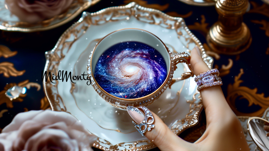 An ornate teacup containing what appears to be a spiral galaxy image, creating a surreal cosmic scene. The cup sits on a decorative white and gold saucer, accompanied by white roses. A hand wearing an intricate butterfly ring is visible holding or reaching for the cup. Victorian and rococo style.