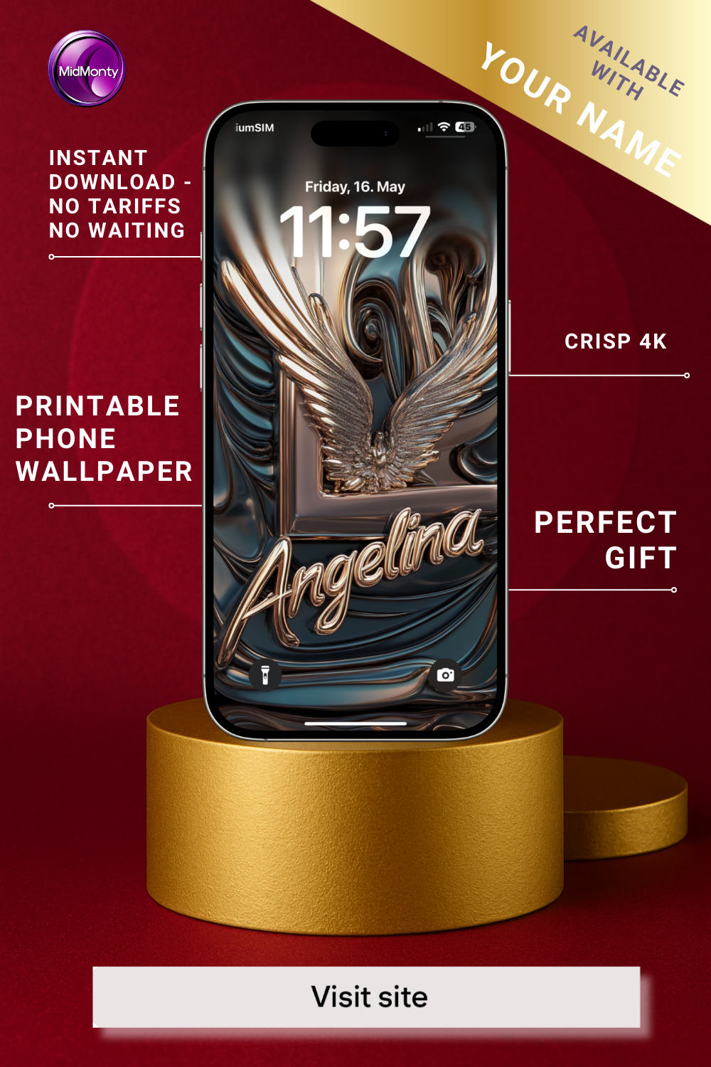 A promotional image showcases a customizable phone wallpaper. A phone displays a lock screen with a metallic gold "L" and winged figure, along with the name "Angelina". Text highlights "AVAILABLE WITH YOUR NAME", "INSTANT DOWNLOAD", "PRINTABLE PHONE WALLPAPER", "CRISP 4K", and "PERFECT GIFT". A "Visit site" button is at the bottom.