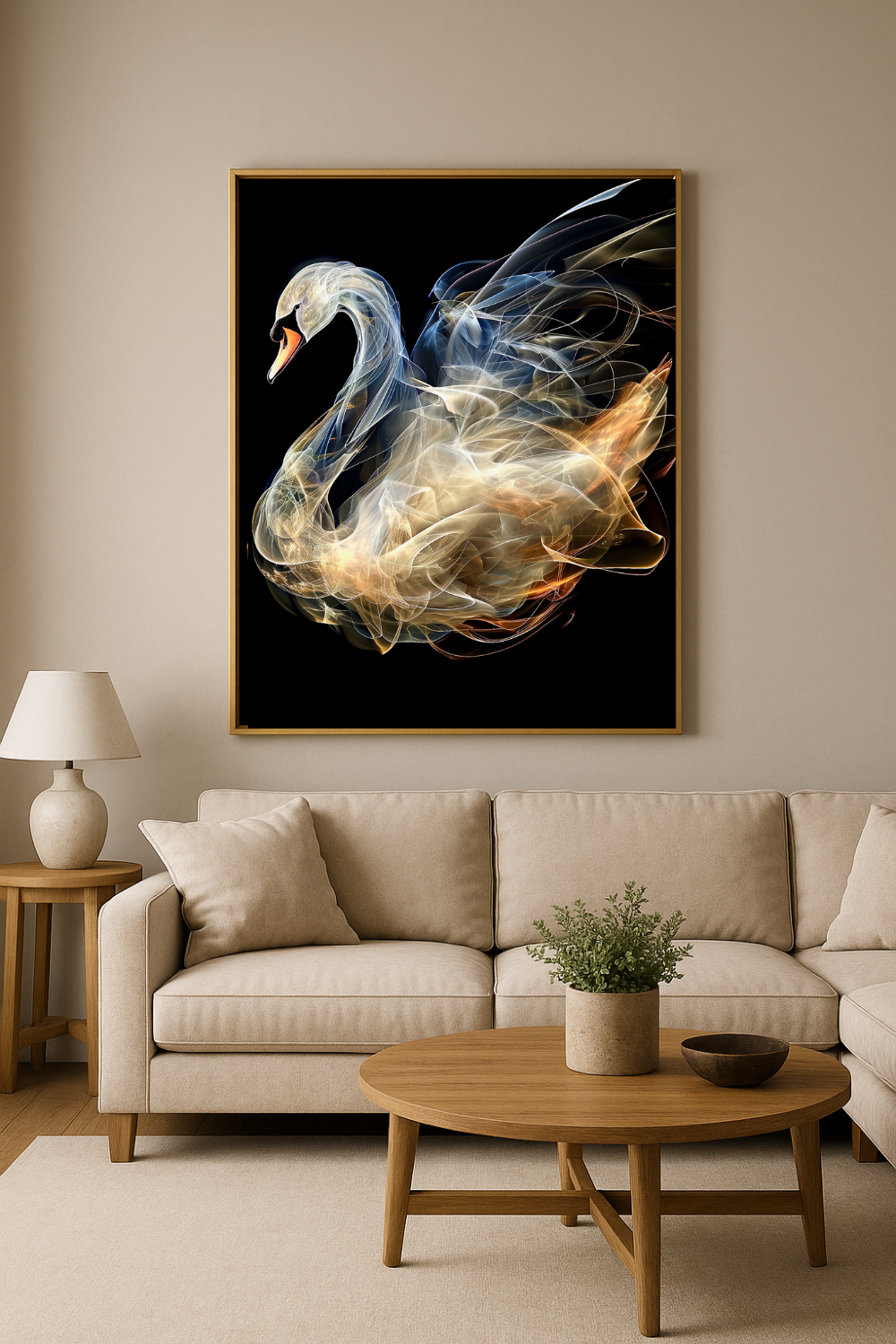 Elegant swan art print by MidMonty displayed in a cozy beige living room with wooden furniture and neutral tones. Gold frame emphasizes the celestial energy of the artwork. Interior wall decor inspiration.
