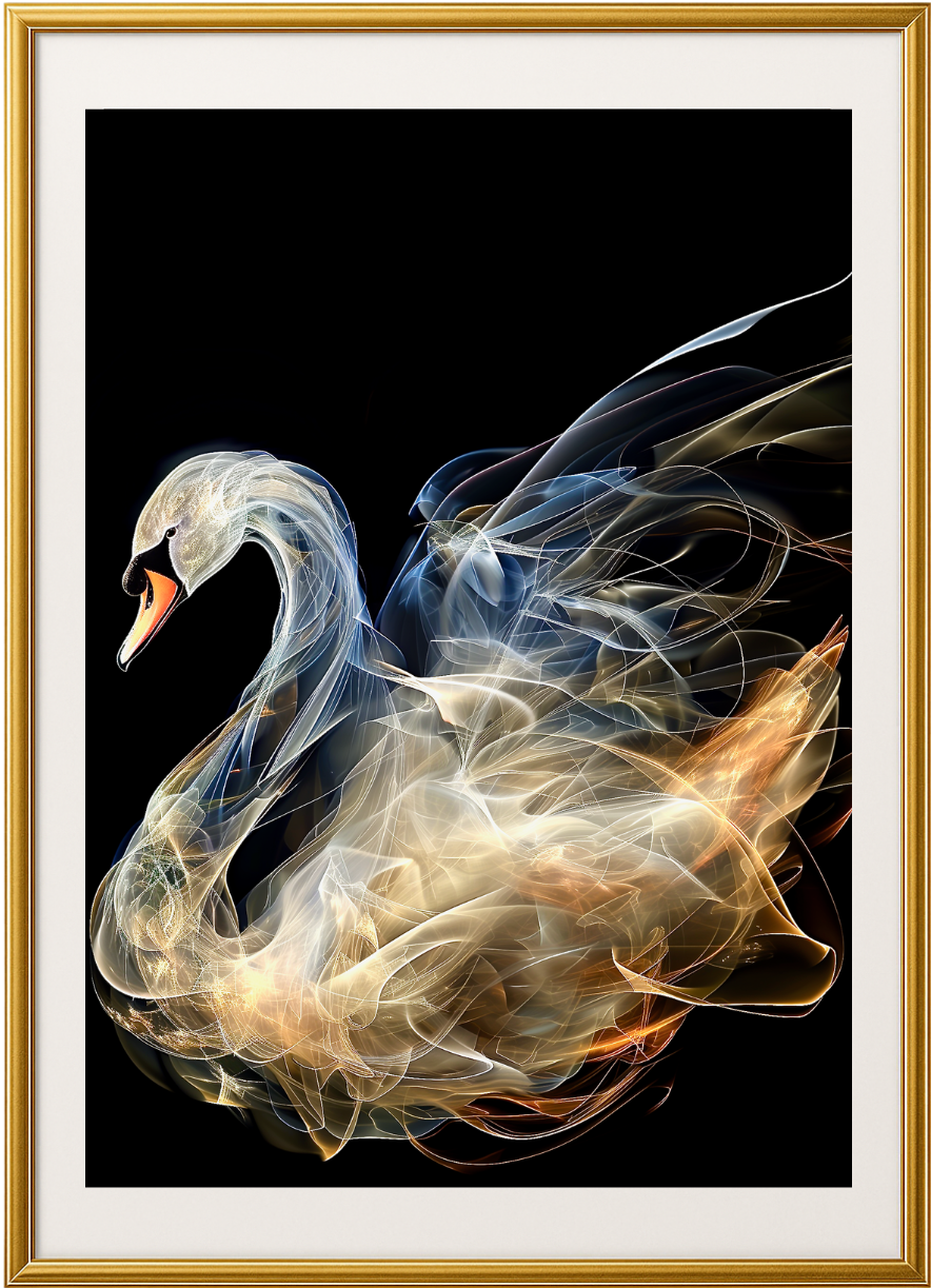 AI art print of an ethereal swan in golden and celestial tones, displayed in a minimalist white background with gold frame. Perfect for A3 portrait framing. MidMonty Signature artwork.