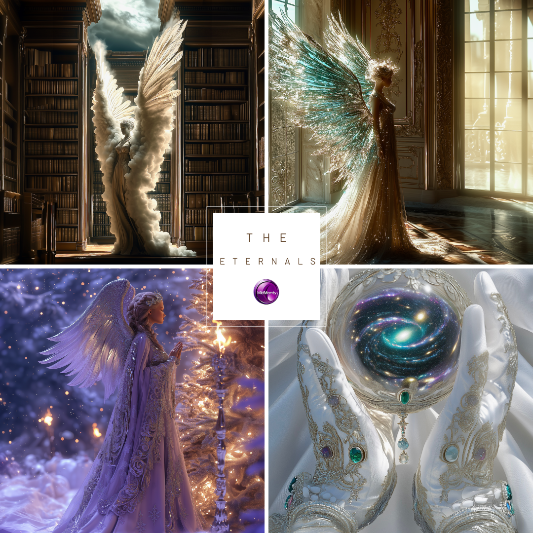 Collage of 'The Eternals' spiritual AI art collection by MidMonty featuring celestial and angelic figures in regal settings. Includes radiant wings, a cosmic orb, and ethereal designs. Highlighted with the MidMonty logo, showcasing luxurious and imaginative art.
