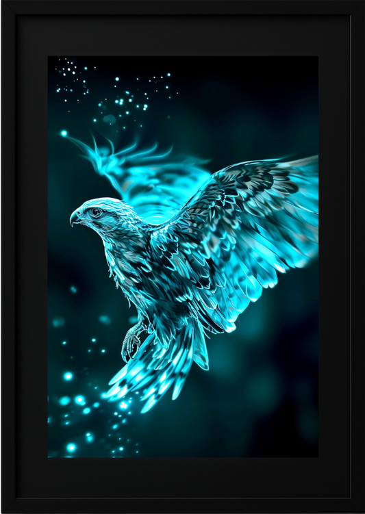 A framed digital artwork titled "Teal Falcon" by MidMonty: a majestic falcon in mid-flight against a dark teal and black background. The falcon's plumage is rendered in shades of teal and gray, with glowing teal highlights accentuating its wings and feathers. Sparkling teal particles are scattered around the bird, creating a magical and ethereal effect. The falcon is captured in a dynamic pose, with its wings spread wide and talons extended as if descending or preparing to strike.
