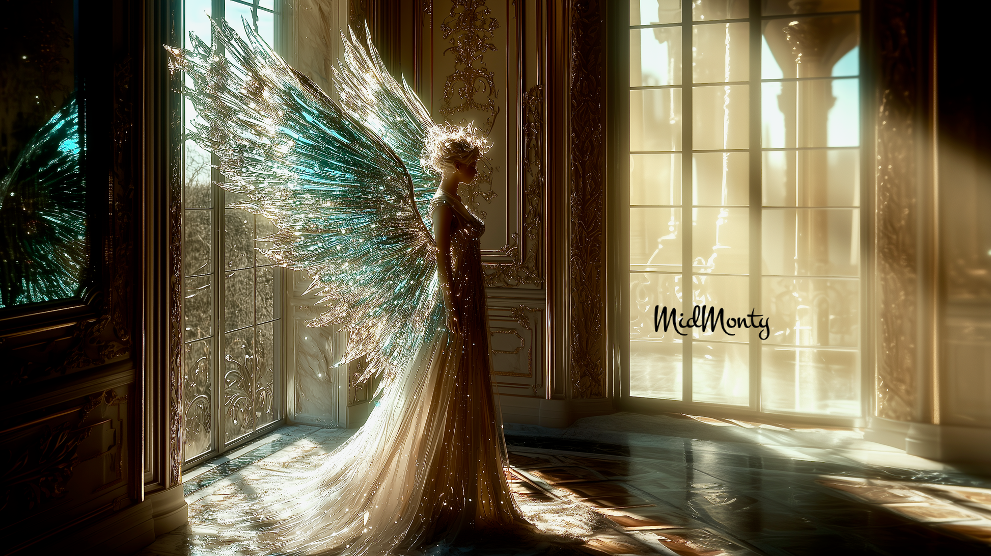 Breathtaking AI Art featuring a luminous fairy in a Victorian setting. The piece showcases crystalline wings shimmering in turquoise and gold, set against ornate architecture with morning light streaming through tall windows. Available in multiple premium formats including Ultra 4K resolution for both mobile and desktop displays, plus museum-quality print resolution. Perfect for luxury home décor, premium device wallpapers, and professional interior design projects.