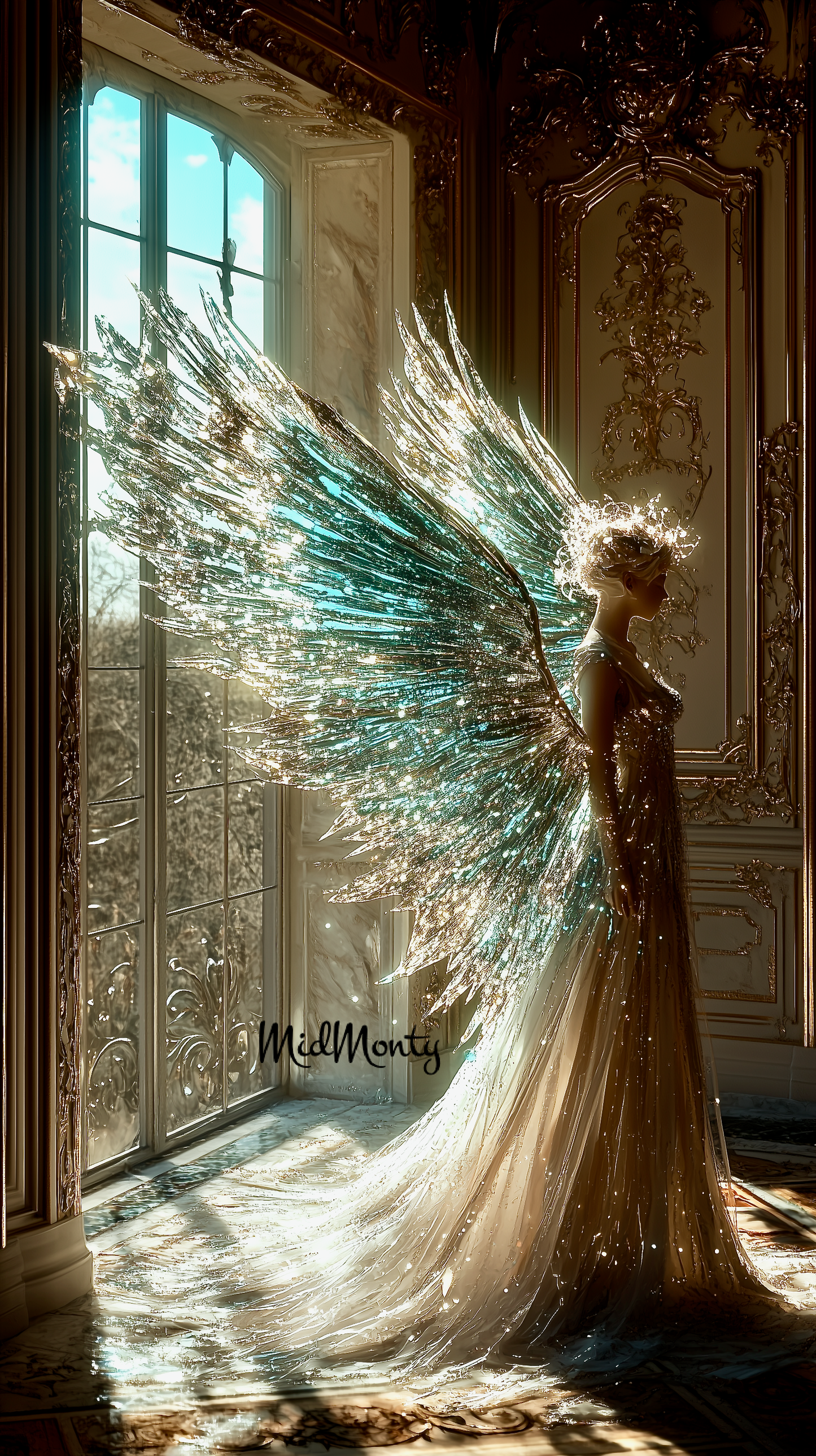 Breathtaking AI Art featuring a luminous fairy in a Victorian setting. The piece showcases crystalline wings shimmering in turquoise and gold, set against ornate architecture with morning light streaming through tall windows. Available in multiple premium formats including Ultra 4K resolution for both mobile and desktop displays, plus museum-quality print resolution. Perfect for luxury home décor, premium device wallpapers, and professional interior design projects.