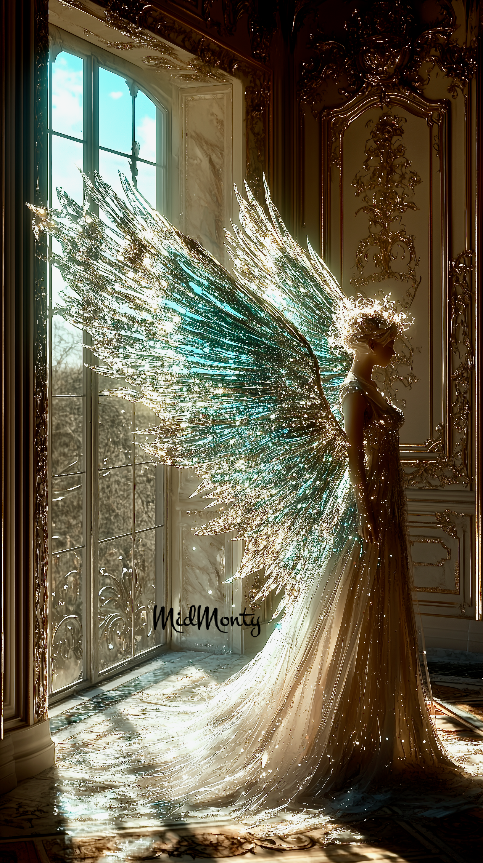 Breathtaking AI Art featuring a luminous fairy in a Victorian setting. The piece showcases crystalline wings shimmering in turquoise and gold, set against ornate architecture with morning light streaming through tall windows. Available in multiple premium formats including Ultra 4K resolution for both mobile and desktop displays, plus museum-quality print resolution. Perfect for luxury home décor, premium device wallpapers, and professional interior design projects.