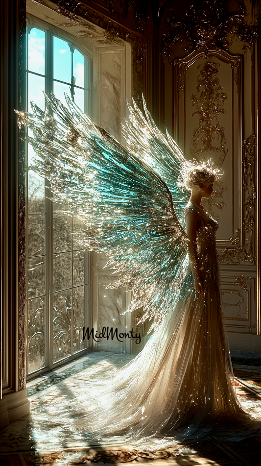 Breathtaking AI Art featuring a luminous fairy in a Victorian setting. The piece showcases crystalline wings shimmering in turquoise and gold, set against ornate architecture with morning light streaming through tall windows. Available in multiple premium formats including Ultra 4K resolution for both mobile and desktop displays, plus museum-quality print resolution. Perfect for luxury home décor, premium device wallpapers, and professional interior design projects.