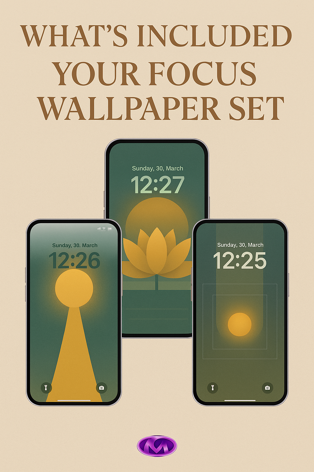 Three phone screens are shown, displaying different lock screen wallpapers designed to help you focus. The phone in the middle shows a yellow lotus flower and a yellow circle on a green background. The phone on the left has a yellow circle at the top with a yellow beam of light pointing down. The phone on the right shows a yellow circle in the center, surrounded by receding green rectangles. Each phone also displays the date "Sunday, 30, March" and a time, which is slightly different on each phone.