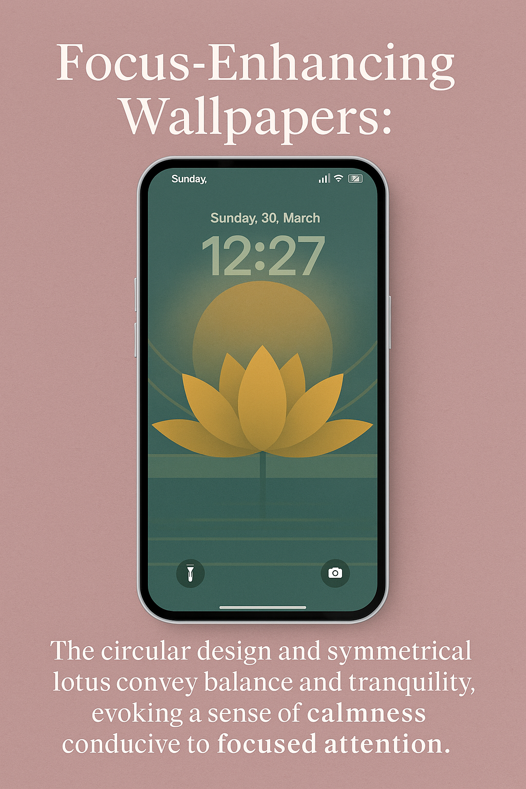 A phone displays a lock screen with a calming wallpaper. The wallpaper has a yellow circle at the top, like a sun, and a symmetrical yellow lotus flower in the middle. The background is a muted green. The phone screen also shows the date "Sunday, 30, March" and the time "12:27". Below the phone, text explains that the circular design and lotus flower help create a sense of balance and calmness, which can help you focus.