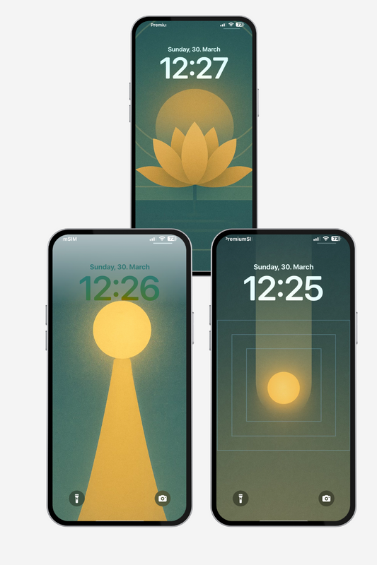 A product preview showcasing all three calming phone wallpapers on iPhone screens. The cohesive color palette and geometric clarity make them ideal for users seeking focus and minimal distraction.