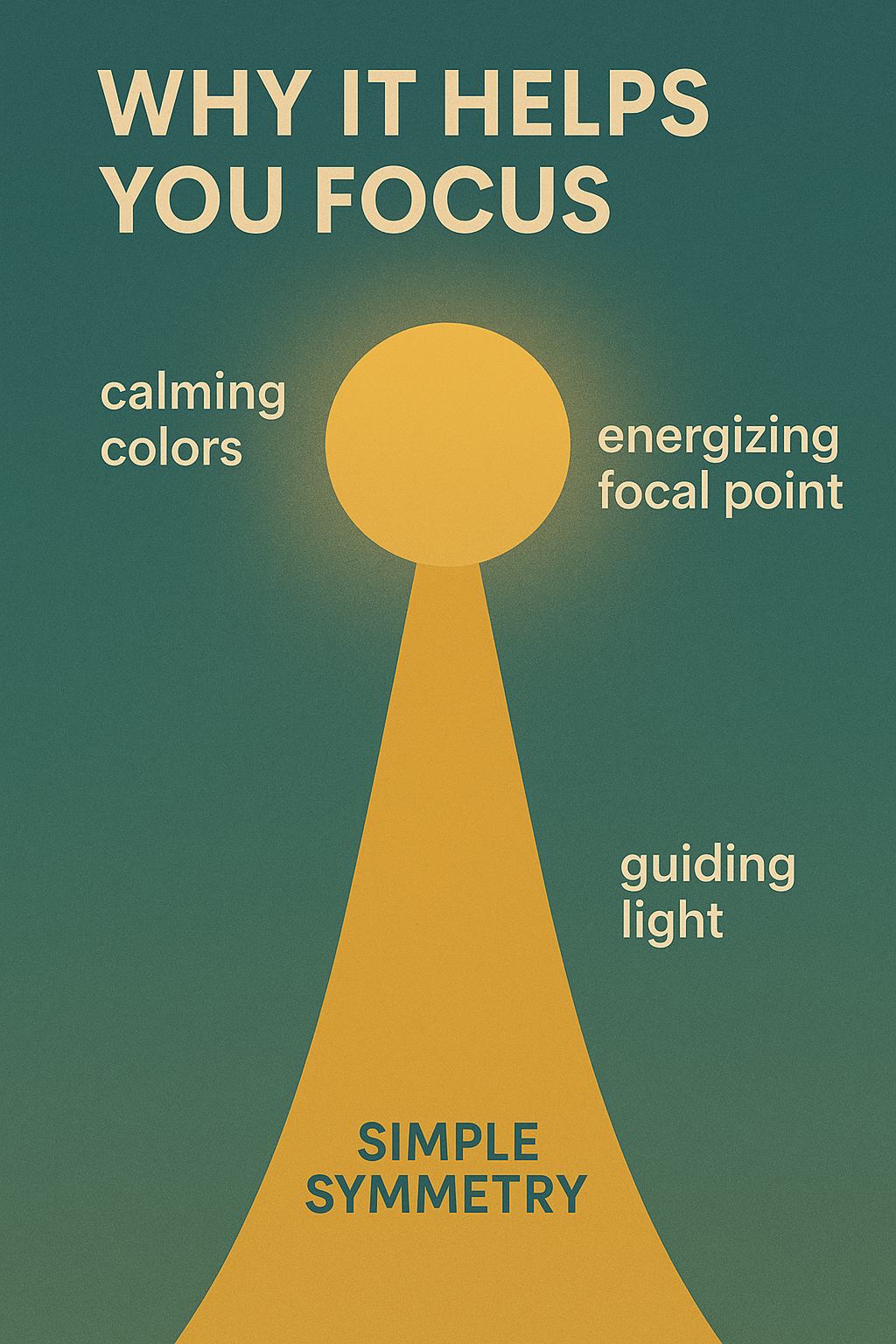 Infographic showing a wallpaper design with a yellow circle at the top and a yellow beam of light pointing downwards on a green background. Text explains that the calming colors, energizing focal point, and guiding light help you focus. The overall style is labeled "SIMPLE SYMMETRY.