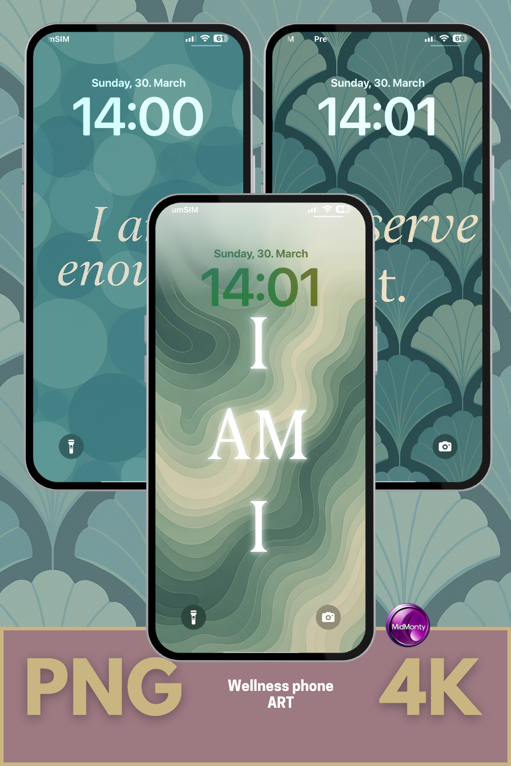 Product bundle preview of three 4K PNG affirmation wallpapers for phones. Includes the phrases I am enough, I deserve it and I AM I on elegant green-toned backgrounds. Wellness digital art for mindful phone use.