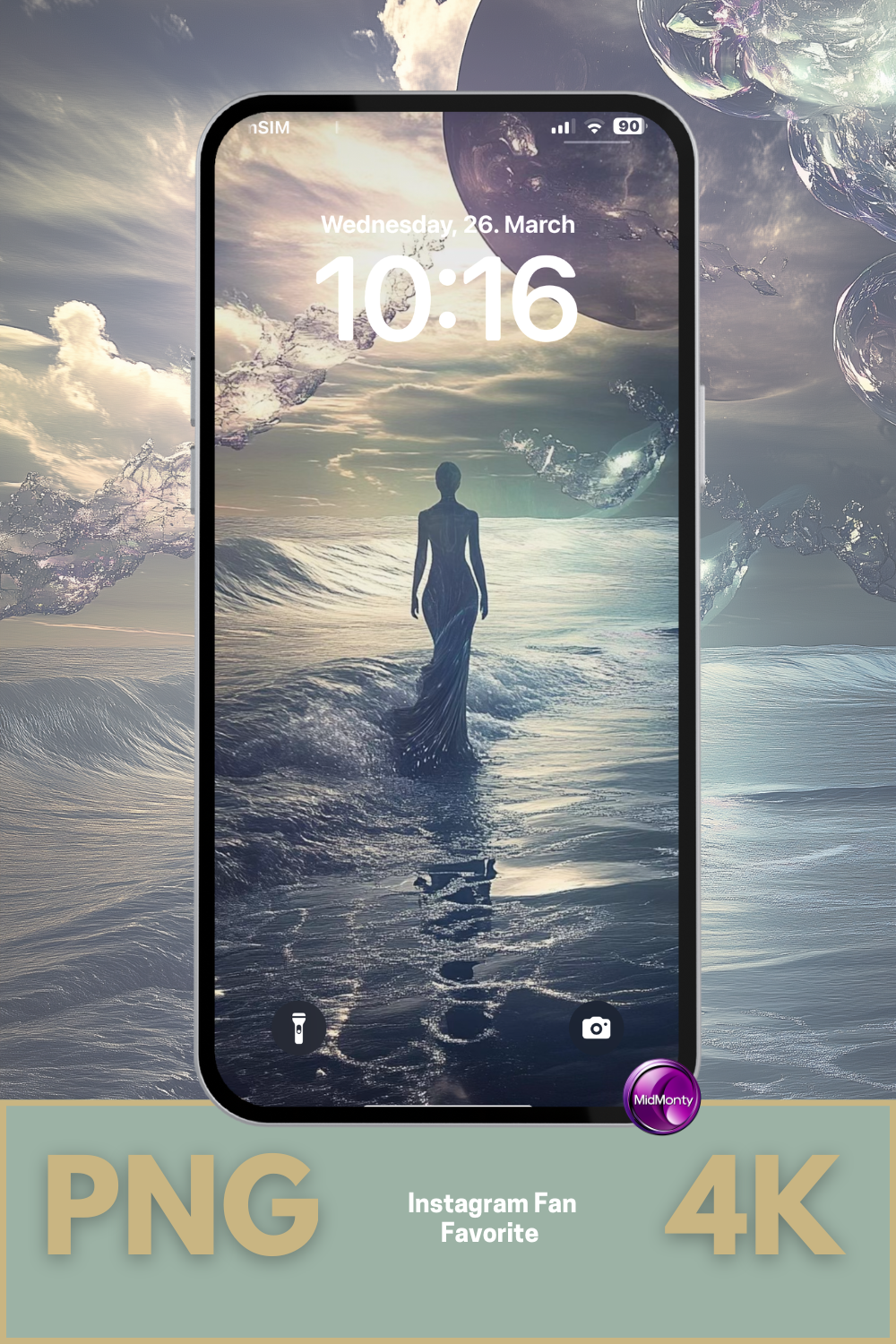 mystical seascape where sky and water merge, featuring a shadowy silhouette and cosmic light – evoking endings, echoes and afterlife