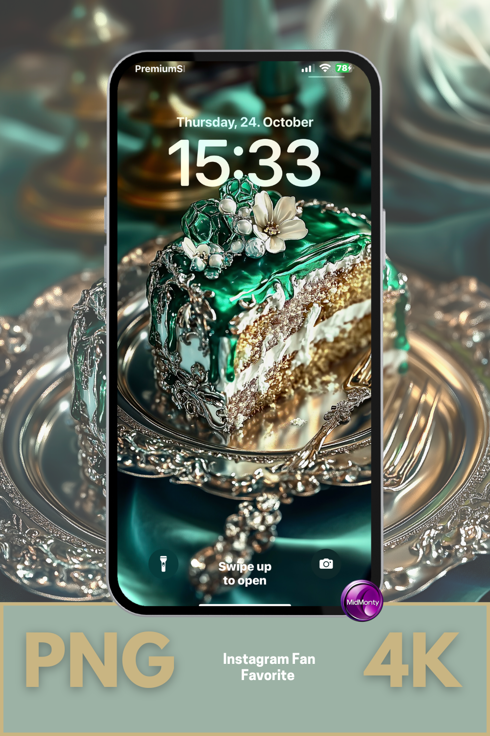 decadent dessert with glossy emerald icing, pearl and flower decorations, served on a vintage silver plate – artistic wallpaper design