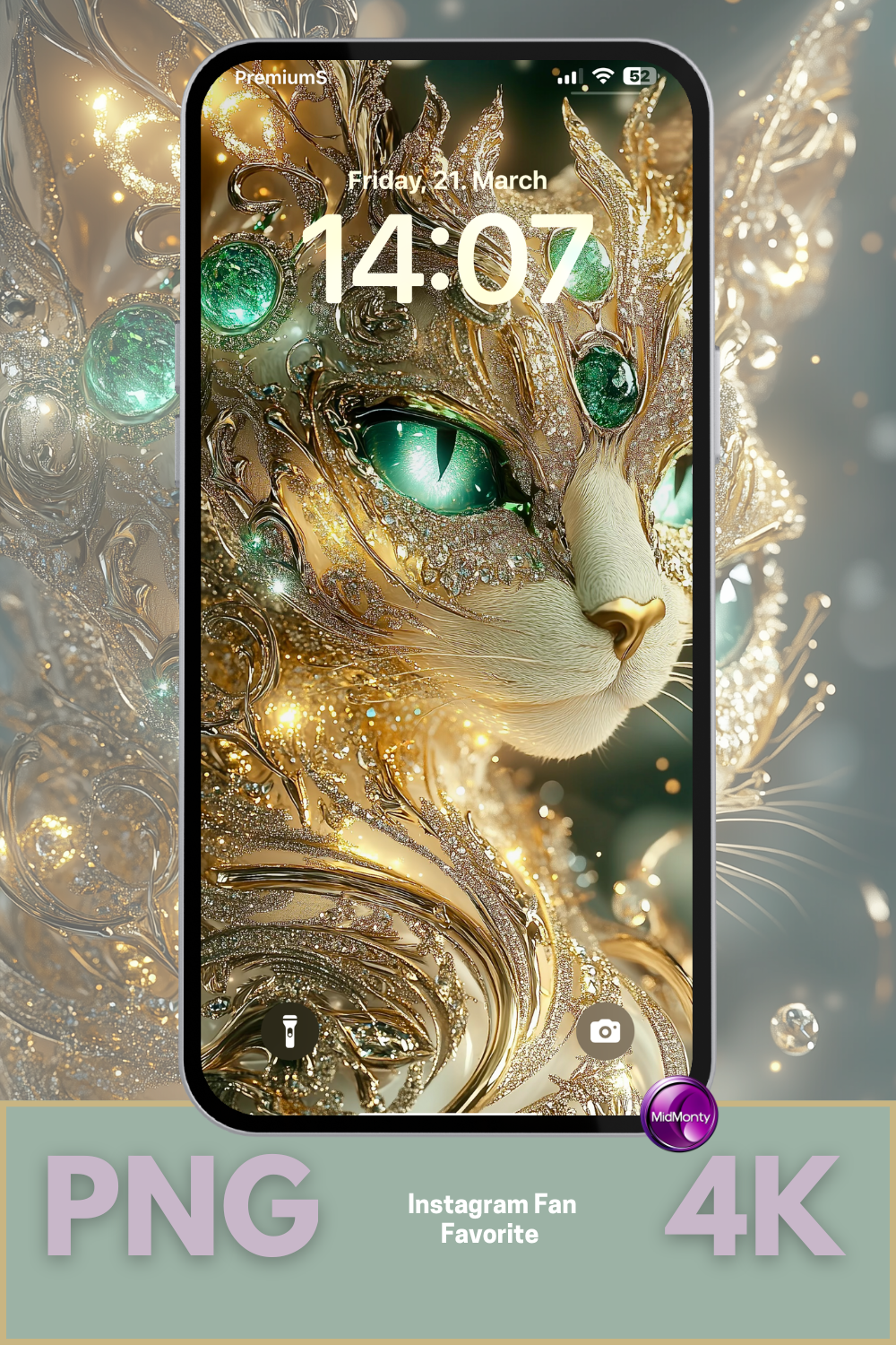 A promotional image for "ULTRA 4K" phone wallpaper featuring a white cat with striking green eyes, digitally rendered with intricate gold filigree and emerald-like gems. A smartphone displays the wallpaper, showing the time as 14:07 on Friday, March 21st. Text indicates "png for superior quality" and "Instagram Fan Favorite," with dimensions "3648x6509 px" and the website "www.midmonty.com". The background shows a blurred version of the wallpaper.