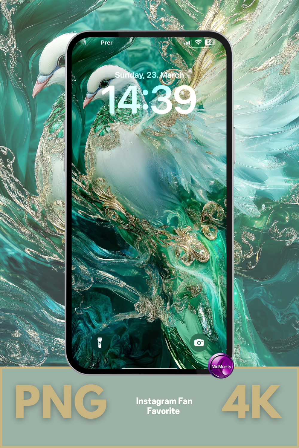 White dove mobile wallpaper in 4K with gold and emerald details shown on a phone screen, designed as a peaceful and elegant background, labeled Instagram fan favorite.