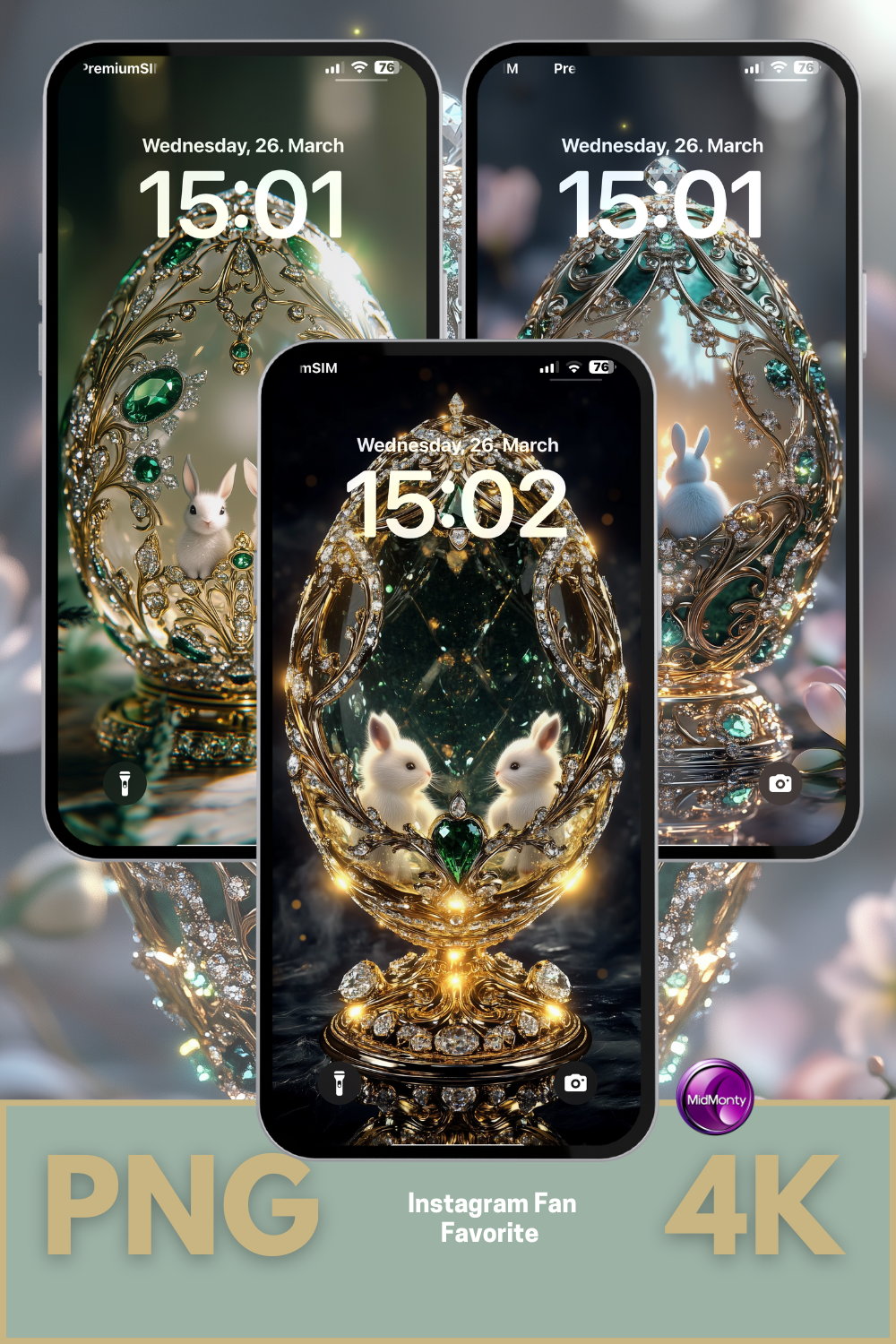 baroque-inspired easter egg wallpapers with soft light, crystal textures and white rabbits inside ornate golden frames – spring collection in gold and green