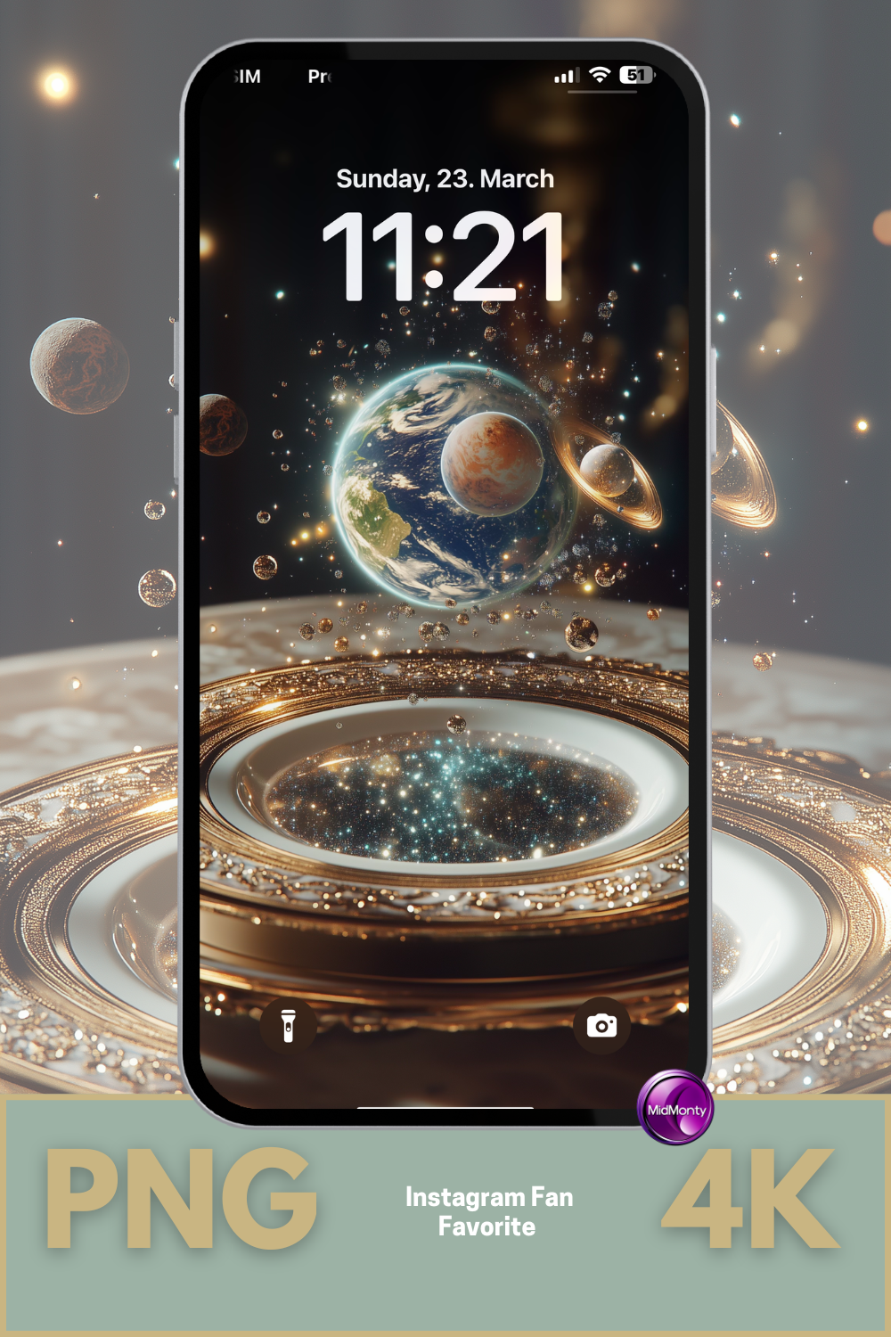 Aesthetic space wallpaper phone mockup with cosmic, luxurious, surreal, celestial vibes – micro galaxy with Earth, Saturn and Mars above a baroque plate, labeled as Instagram fan favorite in 4K PNG format.