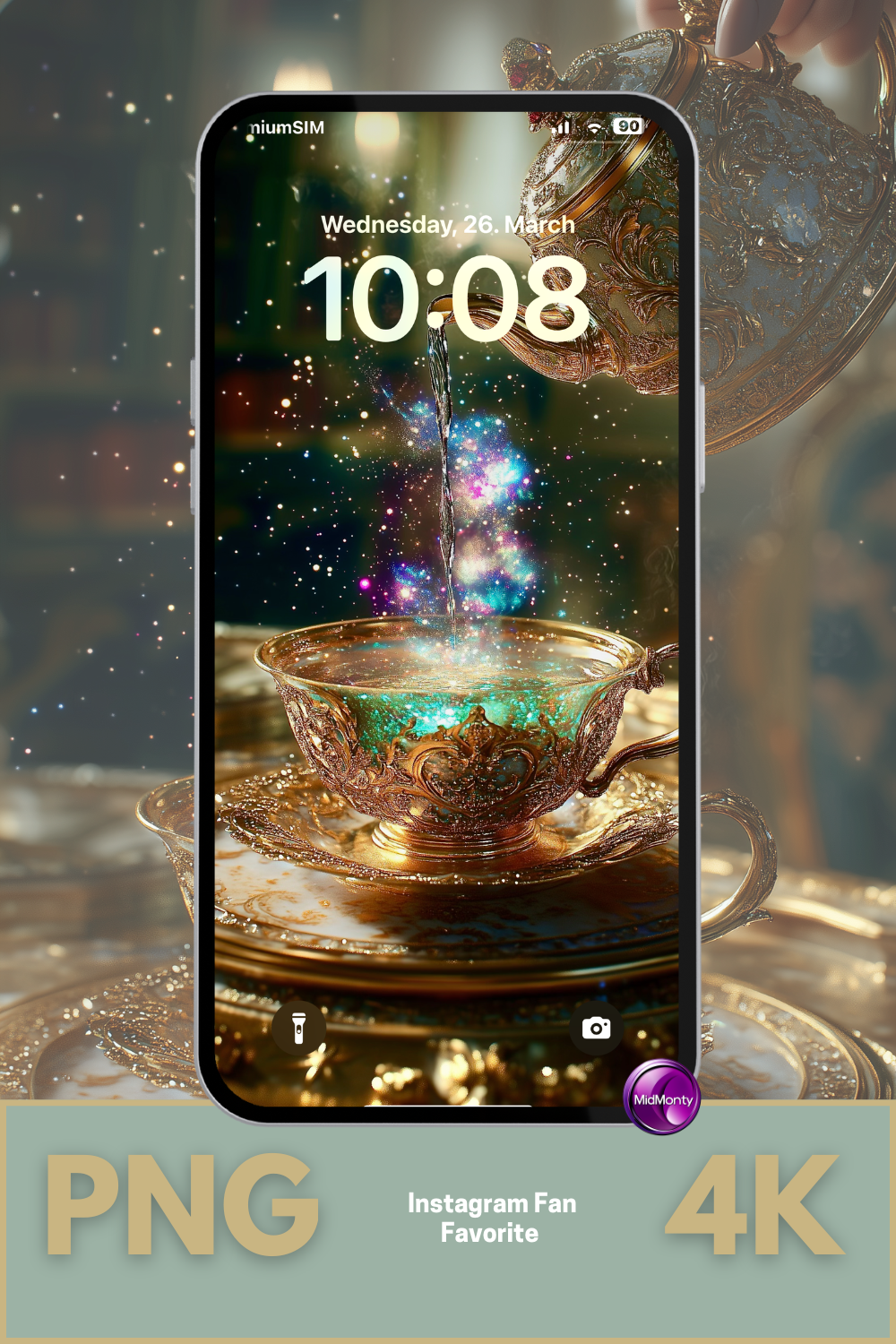a stream of stardust tea flows into an ornate gold cup, creating a mystical and elegant moment – perfect for baroque-inspired phone backgrounds