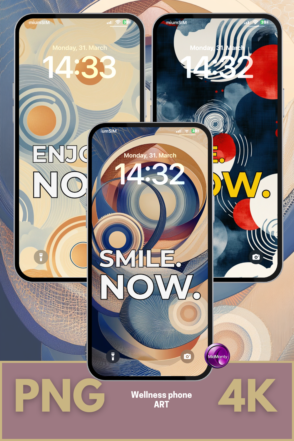 Preview of a 3-in-1 4K wallpaper bundle featuring the affirmations Live Now, Smile Now and Enjoy Now. Displayed on modern phone screens with abstract and colorful backgrounds. PNG files for digital wellness and mindful phone customization.