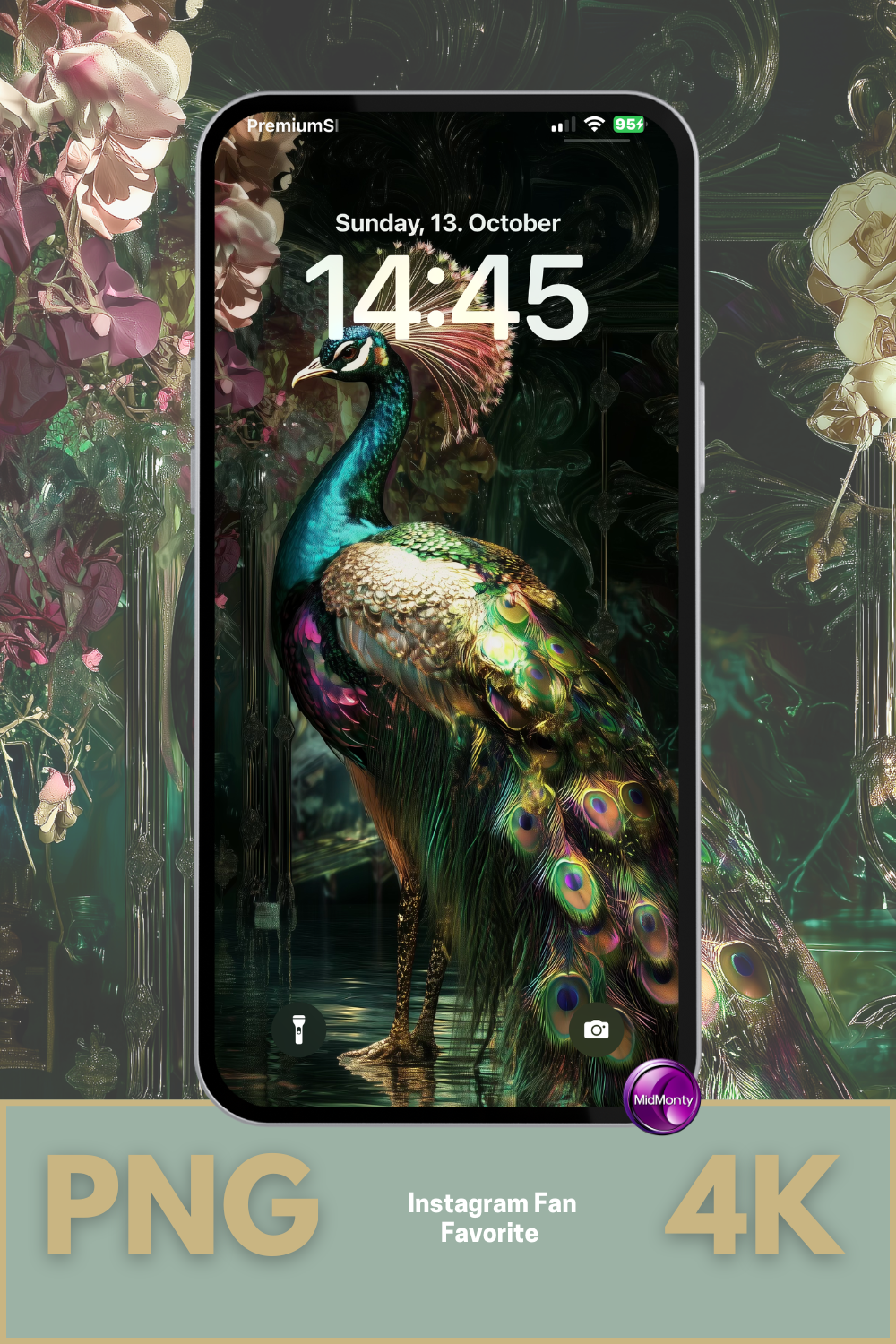 close-up of a glowing peacock standing in emerald reflections, surrounded by dark baroque florals and intricate feather details