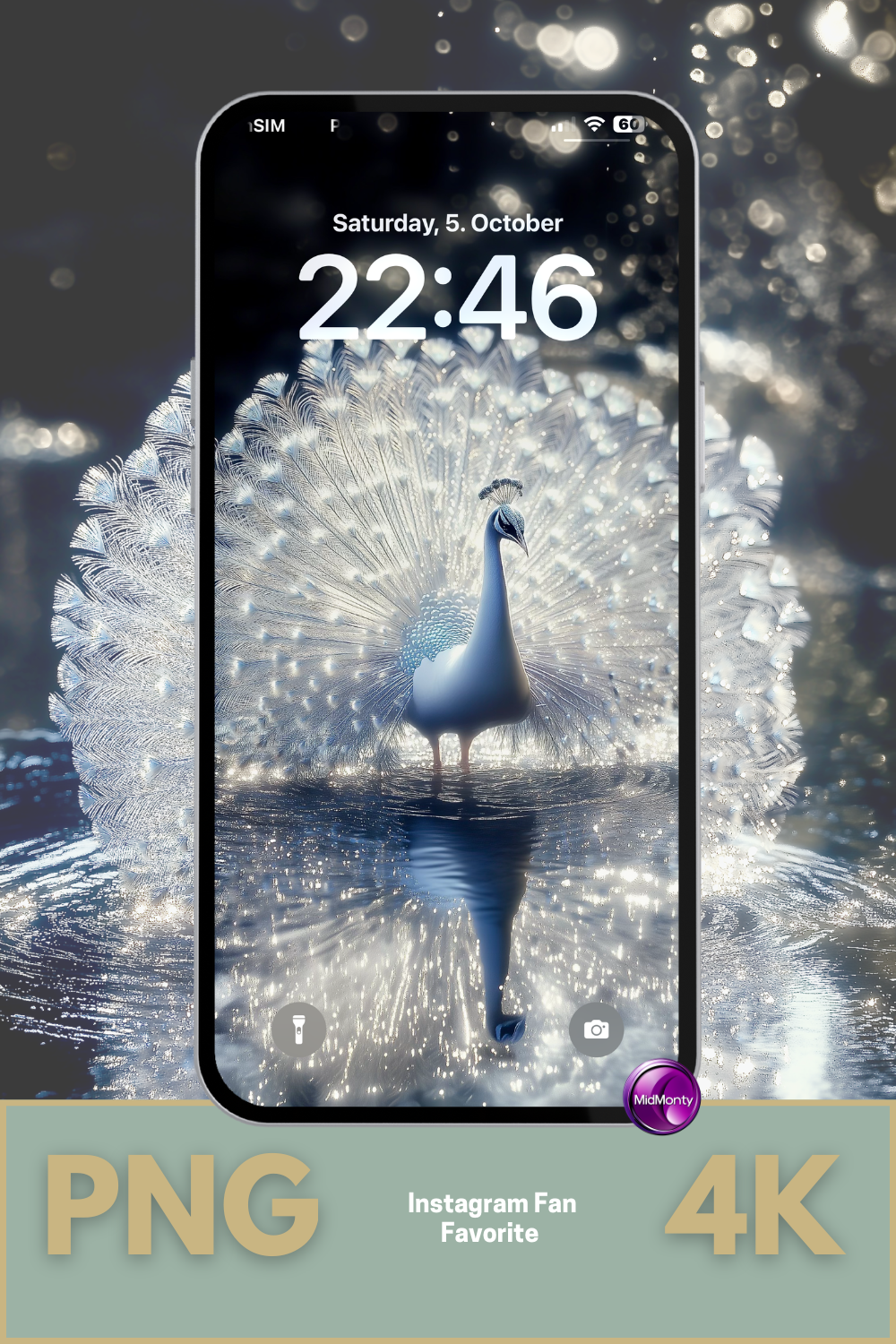 Mockup of a smartphone displaying a white peacock wallpaper in 4k resolution, with shimmering feathers and water reflection. Luxurious phone background design in PNG format.