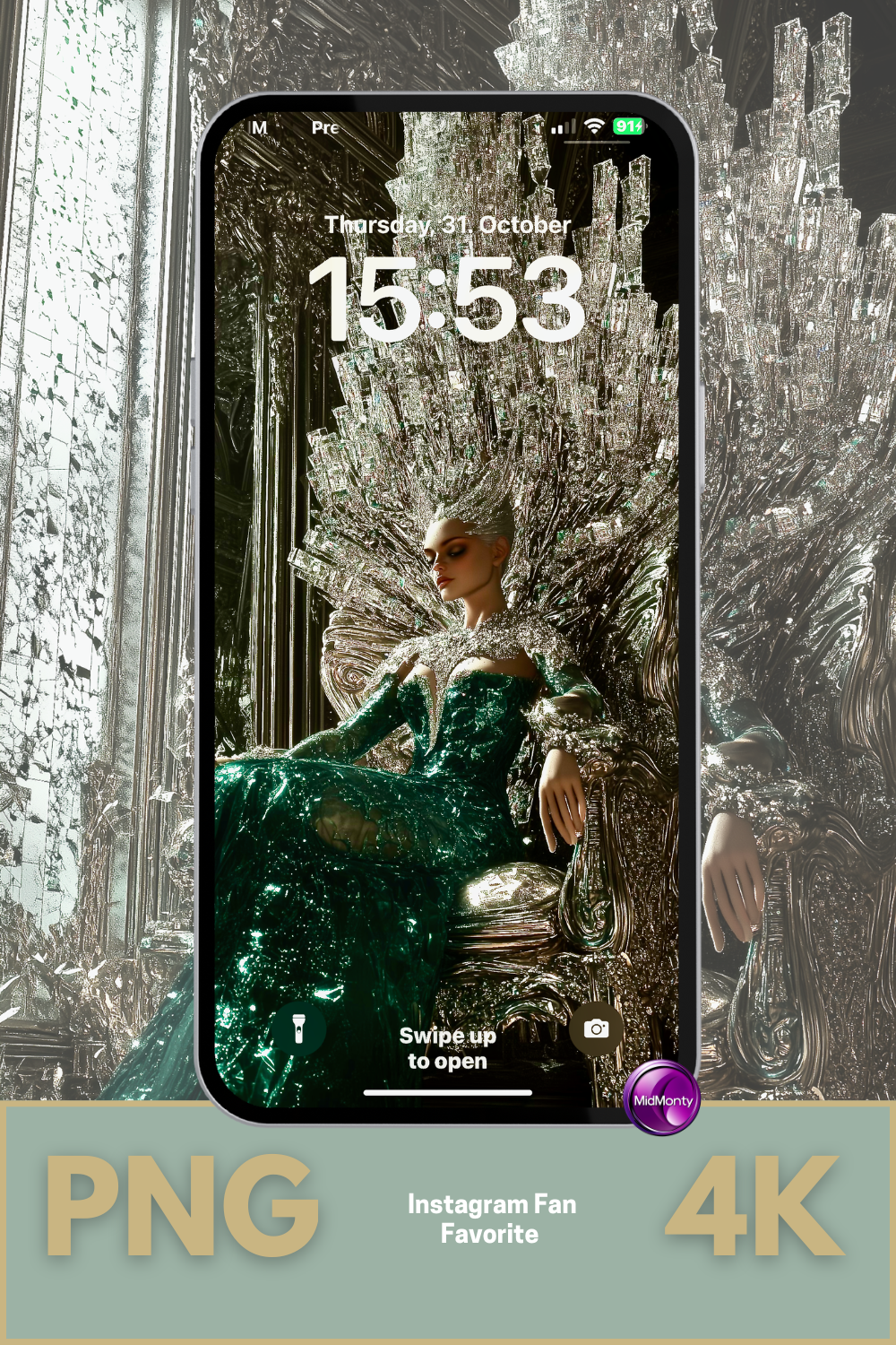majestic figure on a shimmering throne of glass and silver, wearing a deep green dress in a baroque palace setting – elegant and powerful wallpaper design