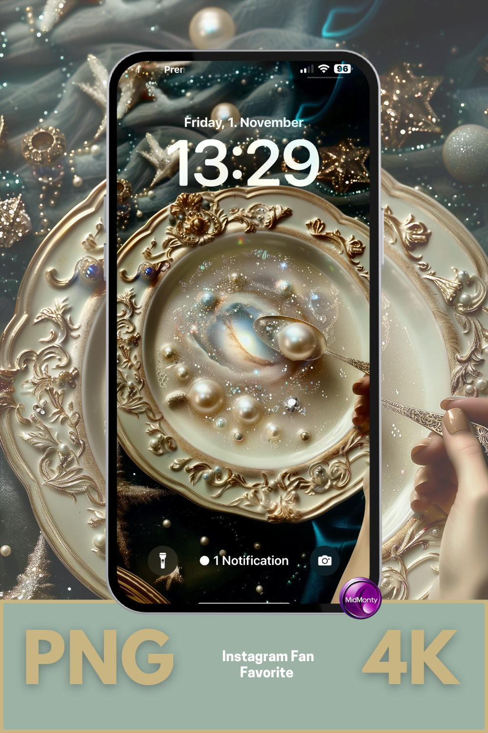Baroque dish holding a cosmic soup of pearls and stardust, with delicate golden details and dreamy celestial reflections