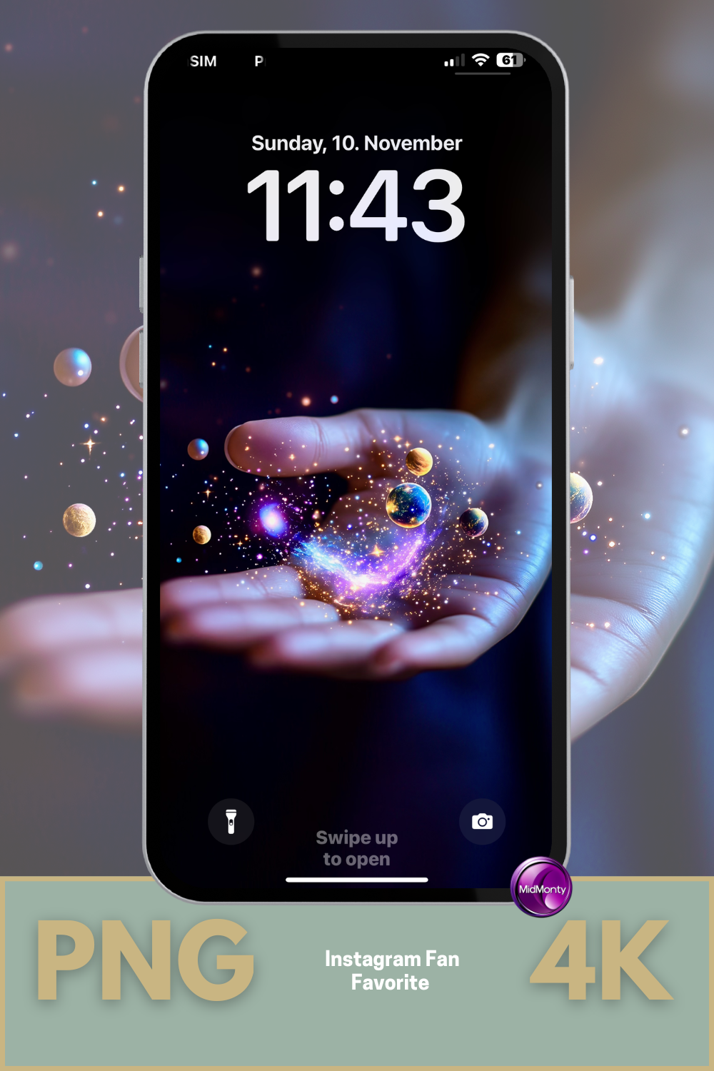 High-resolution product mockup of a magical galaxy wallpaper 4k, labeled as PNG and 4K, with the tagline "Instagram Fan Favorite." Ideal space wallpaper 4k for mobile, designed for both galaxy wallpaper iPhone and galaxy wallpaper android downloads.