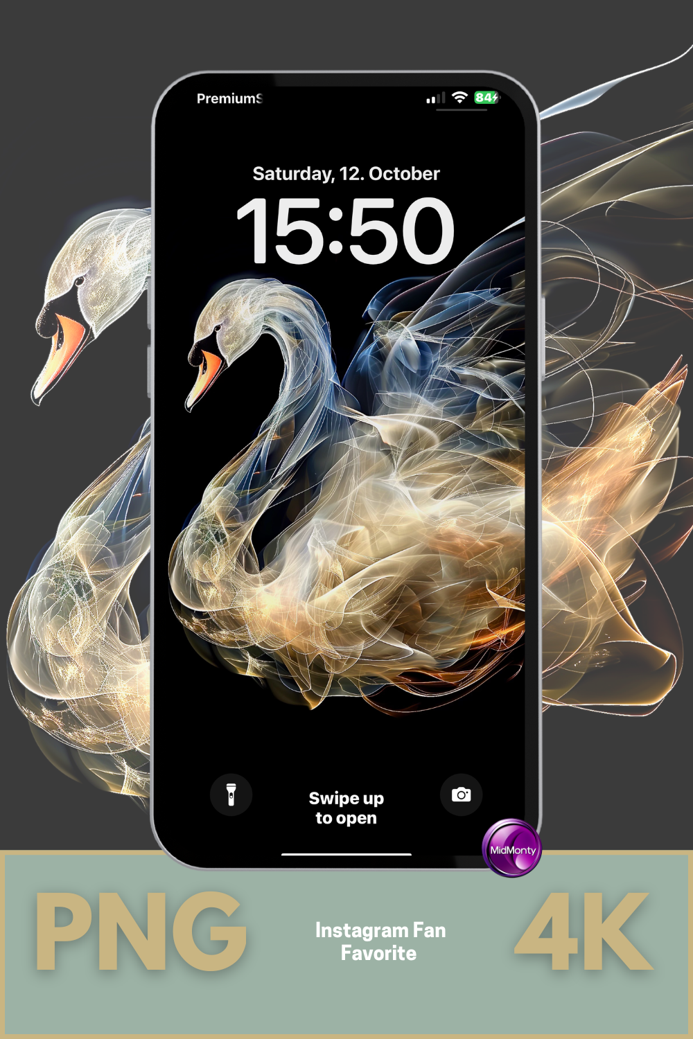 Spiritual visual healing art – radiant swan with light aura and golden flow, ideal as subtle phone wallpaper or soulful visual inspiration.