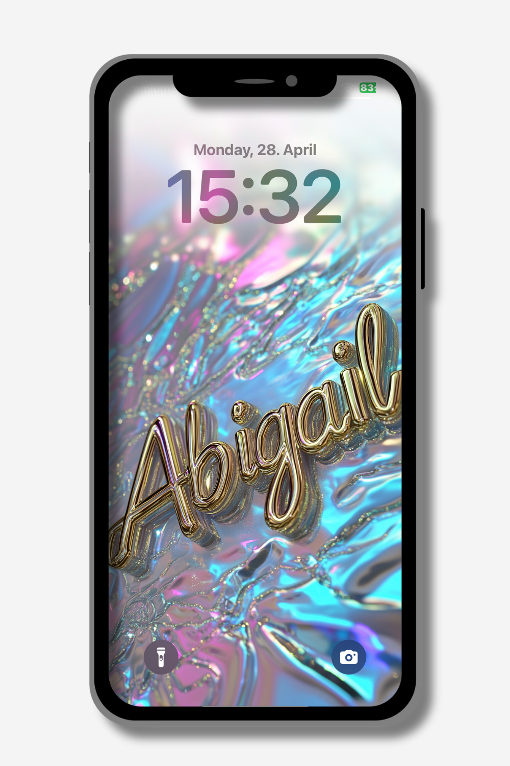 A smartphone displays a lock screen with the name "Abigail" in elegant gold script. The background is a shimmering, iridescent pattern in pastel shades of pink, blue, and silver, resembling flowing liquid metal. The time reads 15:32 on Monday, April 28. Icons for the flashlight and camera are at the bottom.