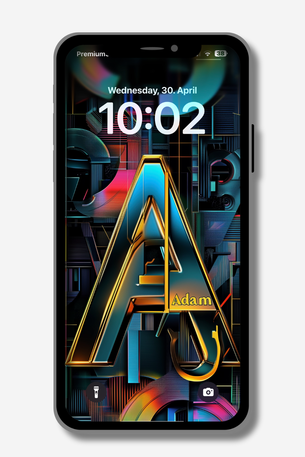 A smartphone screen displays a stylized, metallic letter "A" with a blue and gold gradient, overlaid on an abstract, colorful background. The name "Adam" is written in gold script to the right of the "A". The date and time "Wednesday, 30. April 10:02" are visible at the top of the screen.