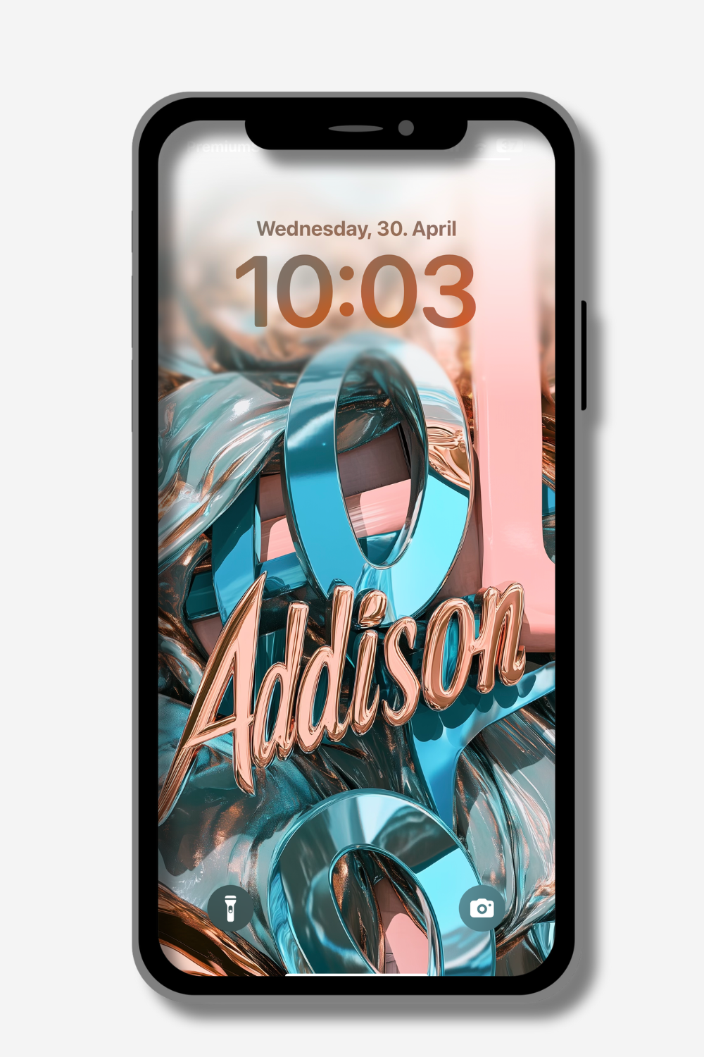 A smartphone displays a personalized wallpaper featuring the name "Addison" in elegant, rose-gold cursive script overlaid on a swirling, abstract design of reflective teal and rose-gold ribbons. The date and time "Wednesday, 30. April 10:03" are visible at the top.