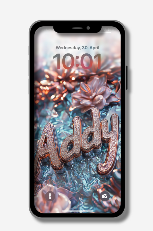 A smartphone displays a lock screen wallpaper. The background is a softly blurred image of shimmering, textured floral elements in muted pinks, blues, and golds. Overlaid on this background in a stylized, slightly raised, and textured gold font is the name "Addy". Above the name, the date "Wednesday, 30. April" and the time "10:01" are visible in a smaller, simple white font. At the bottom are the standard iPhone lock screen icons for the flashlight and camera.