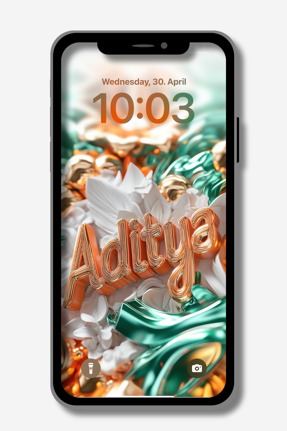A phone lock screen displays a stylized, metallic orange rendering of the name "Aditya" against a blurred background of teal, gold, and white floral or abstract shapes. The time reads "10:03", and the date is "Wednesday, 30. April". Icons for a flashlight and camera are at the bottom corners.