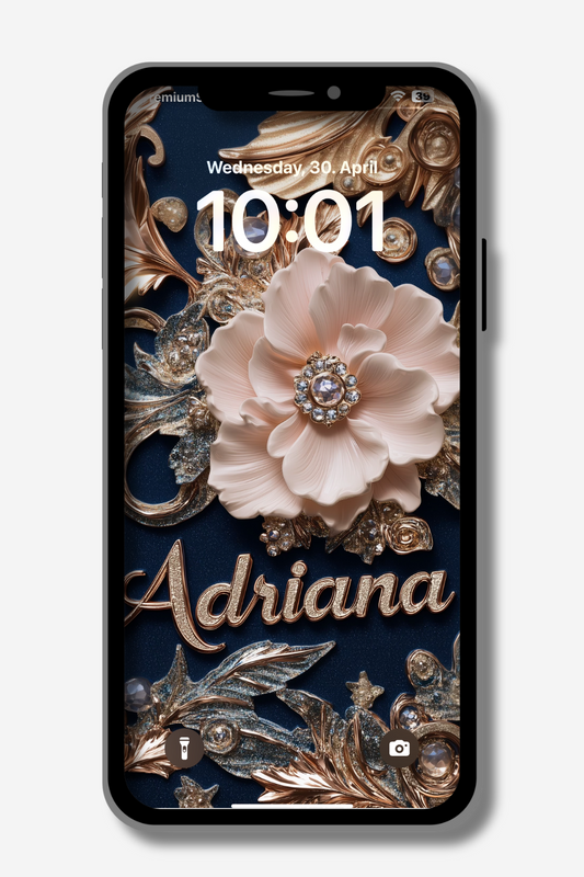 A smartphone displays a lock screen featuring a dark blue background adorned with intricate gold and silver baroque-style floral and scrollwork designs. A large, soft peach-colored flower with a jeweled center is prominently displayed. Overlaid in a cursive gold font is the name "Adriana". The date "Wednesday, 30. April" and the time "10:01" are visible in a smaller white font at the top. Standard lock screen icons for the flashlight and camera are at the bottom.