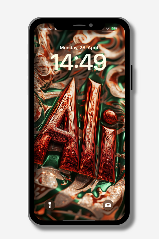A smartphone displays a lock screen with the name "Ali" in reflective, reddish-brown 3D lettering. The background features a swirling, textured pattern in shades of green, gold, and brown. The time reads 14:49 on Monday, April 28. Flashlight and camera icons are at the bottom.