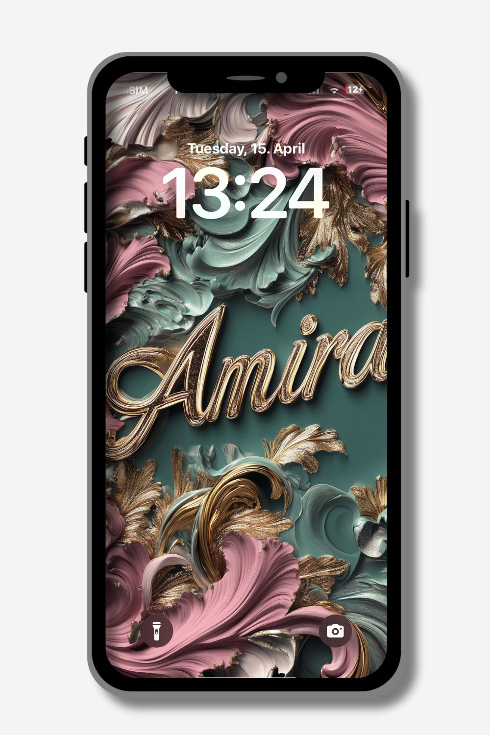 A smartphone displays a textured digital artwork as its lock screen. The design features swirling, abstract floral-like shapes in shades of pink, teal, and gold, creating a fluid and dynamic composition. The name "Amira" is written in an elegant, golden script across the center. The time on the screen reads "13:24" and the date is "Tuesday, 15. April". Icons for a flashlight and camera are visible at the bottom.