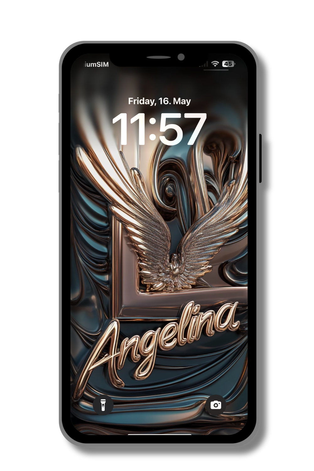 A phone screen displays a lock screen. The wallpaper features a stylized, metallic gold letter "L" with an intricately detailed winged figure emerging from it. The name "Angelina" is written in elegant cursive below. The date "Friday, 16. May" and the time "11:57" are visible at the top.