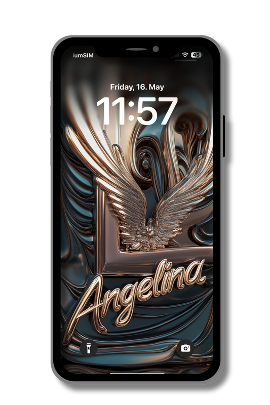 A phone screen displays a lock screen. The wallpaper features a stylized, metallic gold letter "L" with an intricately detailed winged figure emerging from it. The name "Angelina" is written in elegant cursive below. The date "Friday, 16. May" and the time "11:57" are visible at the top.
