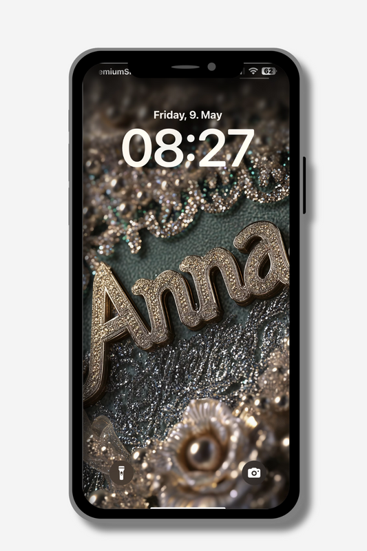 A locked iPhone screen displays the time "08:27" on Friday, May 9th, with "Anna" prominently featured in a sparkling, textured font against an ornate, glittery background.