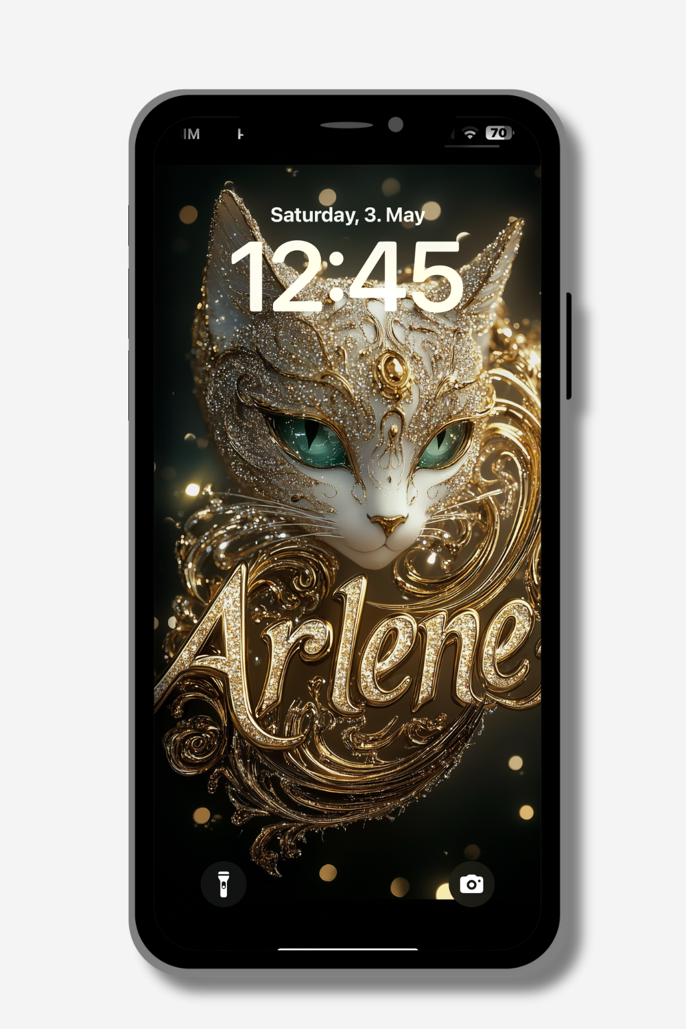 A phone lock screen shows "Saturday, 3. May" and "12:45". The wallpaper features a stylized white cat with teal eyes and ornate gold embellishments. The name "Arlene" is written in a decorative gold script across the cat's chest.