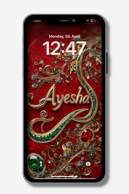 A smartphone displays a lock screen with the name "Ayesha" in elegant gold script. The background is a rich red with ornate, swirling gold patterns and embedded emerald and ruby-like jewels. The time reads 12:47 on Monday, April 28. Flashlight and camera icons are at the bottom.