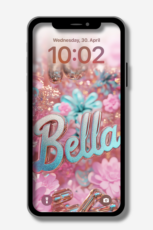 A smartphone displays a lock screen wallpaper featuring a blurred background of pink and teal floral elements with a sparkling texture. Overlaid on this is the name "Bella" in a stylized, slightly raised font with a gradient of light blue and pink, outlined in white. Above the name, the date "Wednesday, 30. April" and the time "10:02" are visible in a small, light-colored font. The standard iPhone lock screen icons for the flashlight and camera are at the bottom.
