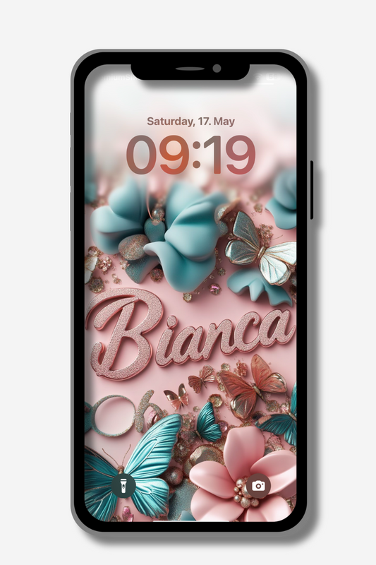 A phone screen displays a personalized wallpaper. The name "Bianca" is prominently featured in a sparkly rose gold script against a soft pink background adorned with stylized pastel blue and pink flowers, glittering accents, and delicate butterflies in shades of blue, pink, and white. The time reads 09:19 and the date is Saturday, May 17.