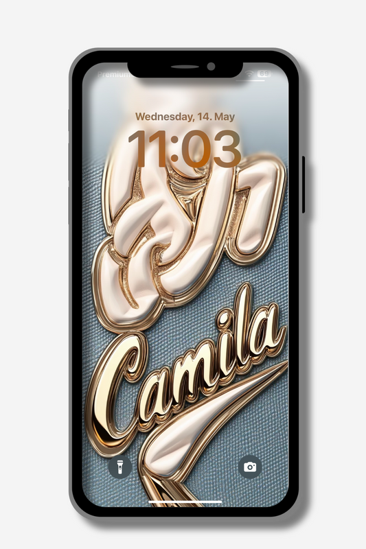 A smartphone displays its lock screen. The wallpaper features the name "Camila" in a stylized, reflective gold script over a textured blue background. The time reads "11:03" and the date is "Wednesday, 14. May". Icons for the flashlight and camera are visible at the bottom.