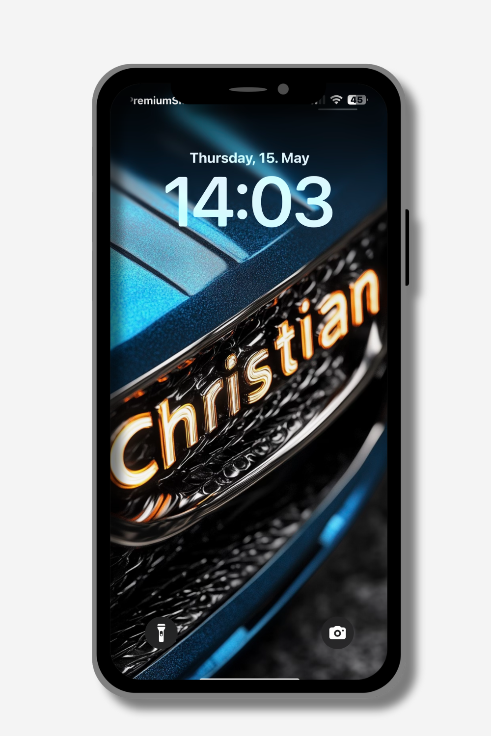 A smartphone displays a lock screen with the time "14:03" on "Thursday, 15. May". The wallpaper features the name "Christian" illuminated in orange and white against a textured, dark metallic surface with blue and silver accents suggesting a car detail. Icons for flashlight and camera are visible at the bottom.