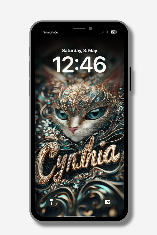 A phone screen displays a lock screen with "Saturday, 3. May" and "12:46". The wallpaper features a stylized cat with striking blue eyes and ornate gold and teal accents. The name "Cynthia" is written in a decorative gold script across the cat's chest.